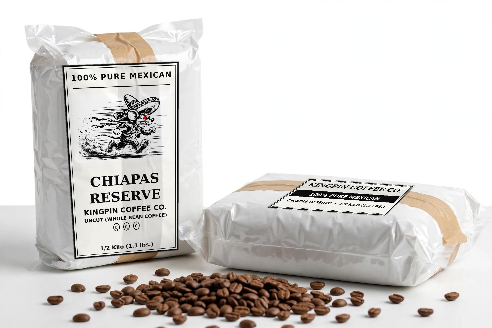 Chiapas Reserve coffee brick with running mouse label, studio photo with beans