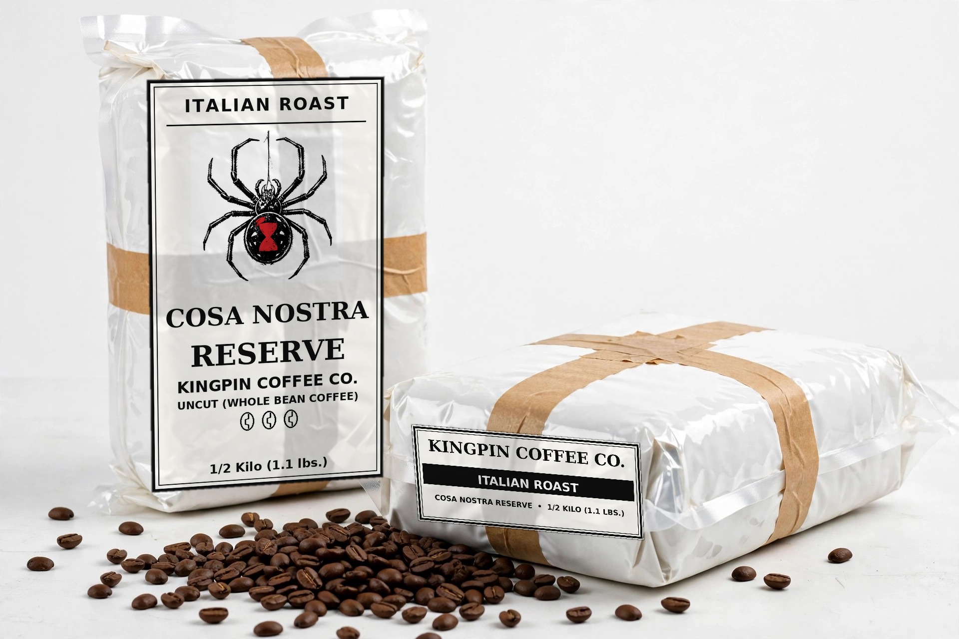 Cosa Nostra Reserve coffee brick with black widow label, studio photo with beans