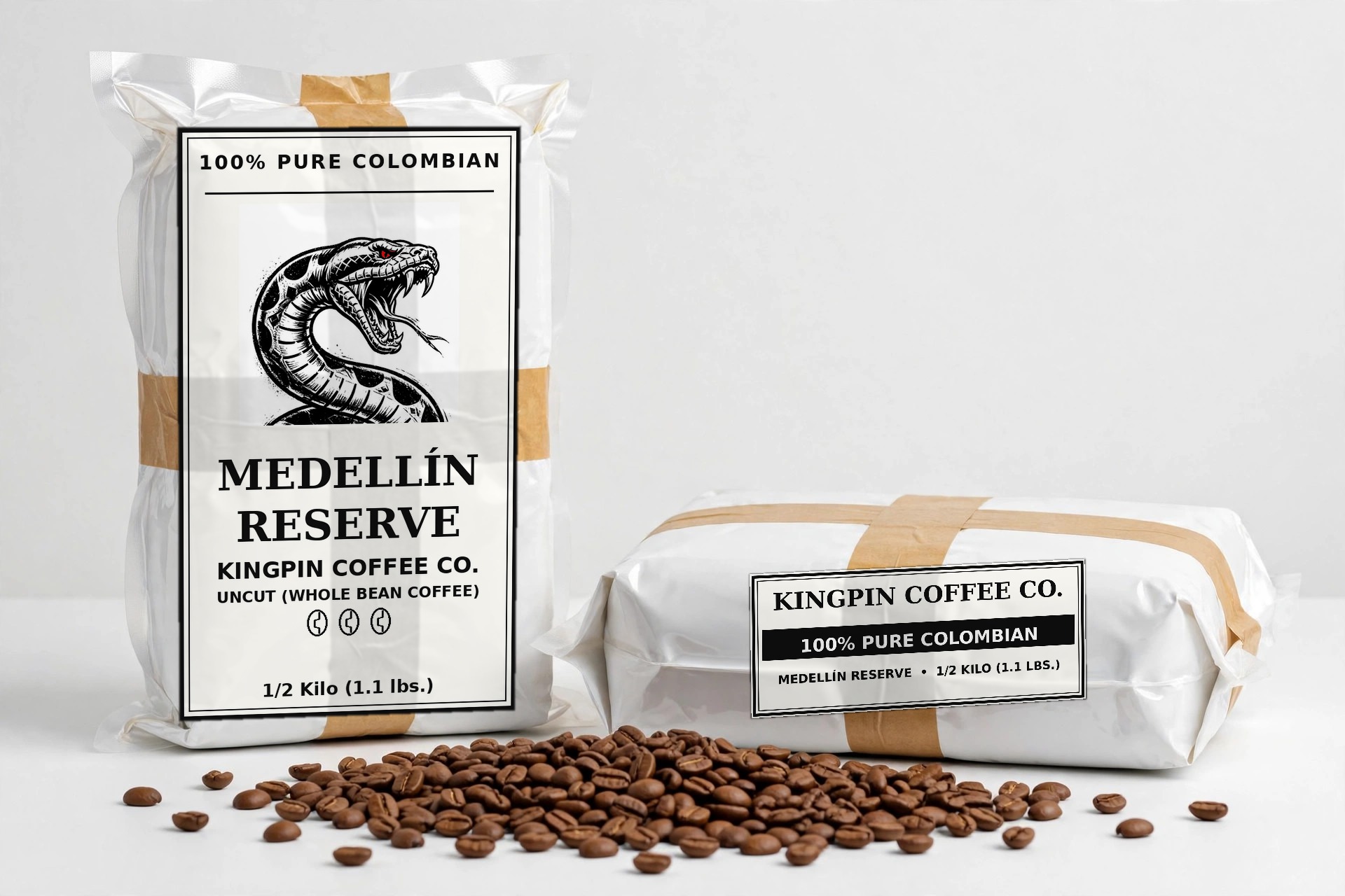 Medellín Reserve coffee brick with anaconda label, studio photo with beans